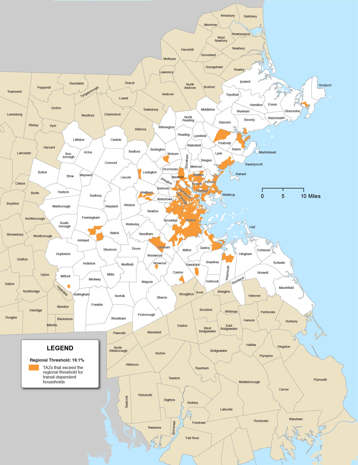 Figure 8-7 is a map of the Boston Region municipalities and the TAZs that exceed the regional threshold for transit-dependent households highlighted in orange. The Regional Threshold is 16.1%.